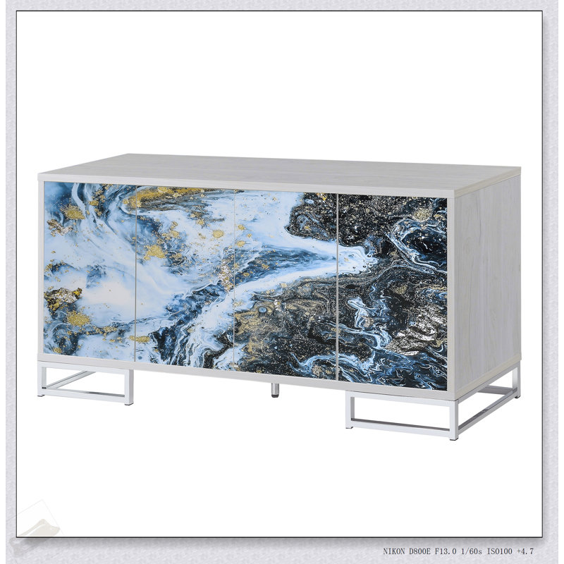 Armoire console avec peinture en marbre bleu Liam avec tiroirs et tablettes spacieuses, parfaite pour les intérieurs modernes