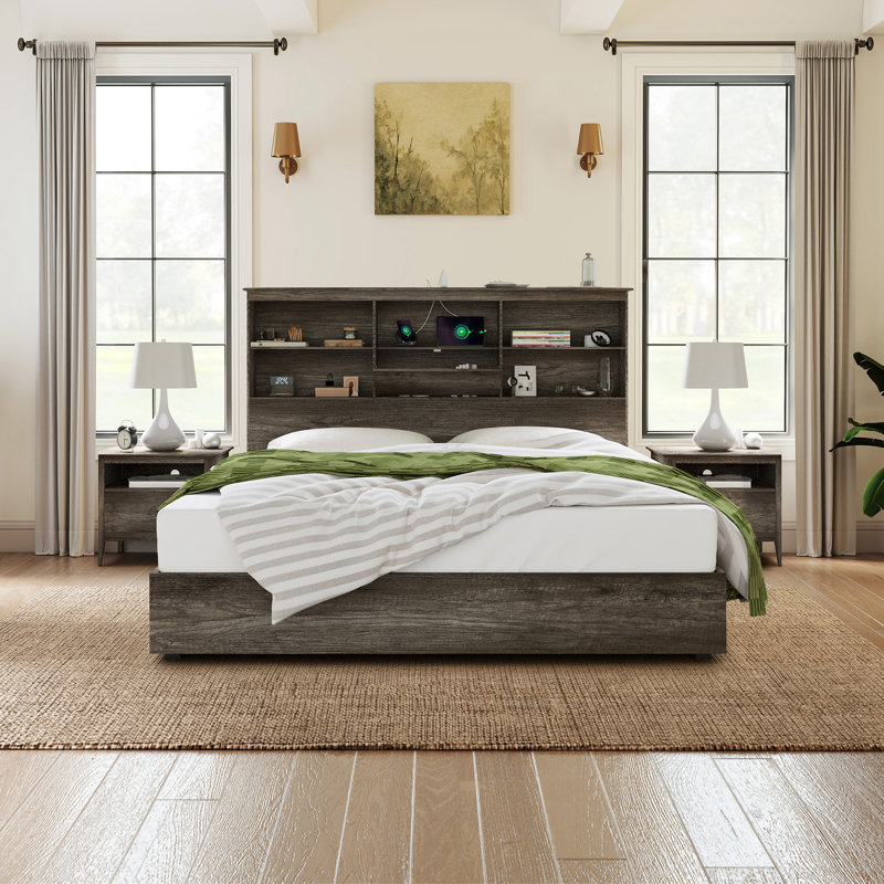 Base de lit très grand avec bibliothèque et rangement à DEL 51,2 po Bilal, 4 tiroirs de rangement, gris, gris, Très grand