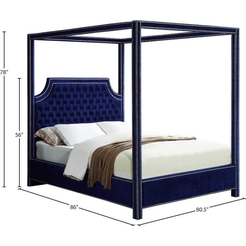 Emet Upholstered Canopy Bed, King, Navy Velvet