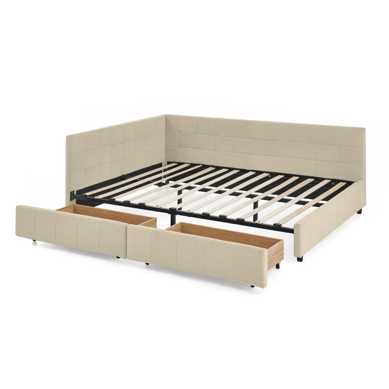 Grand lit capitonné avec rangement capitonné, cadre de canapé-lit avec dossier et accoudoirs confortables, grand lit pour chambre à coucher, salon