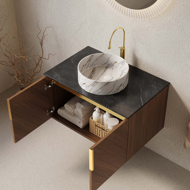 Meuble-lavabo de salle de bain 30 po, meuble de rangement mural pour salle de bain avec double comptoir en pierre frittée et vasque ronde en céramique à motif de pierre