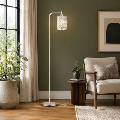 Silver 67" modern floor lamp with a crystal lampshade, pedal switch, and included 2700K LED bulb; industrial-style tall standing light for living rooms, bedrooms, and home decor.