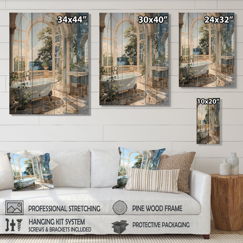 «Bathroom Tranquil Reflections IV», reproduction de salle de bain sur bois de pin naturel, H 40 po x l 30 po x P 0,78 po
