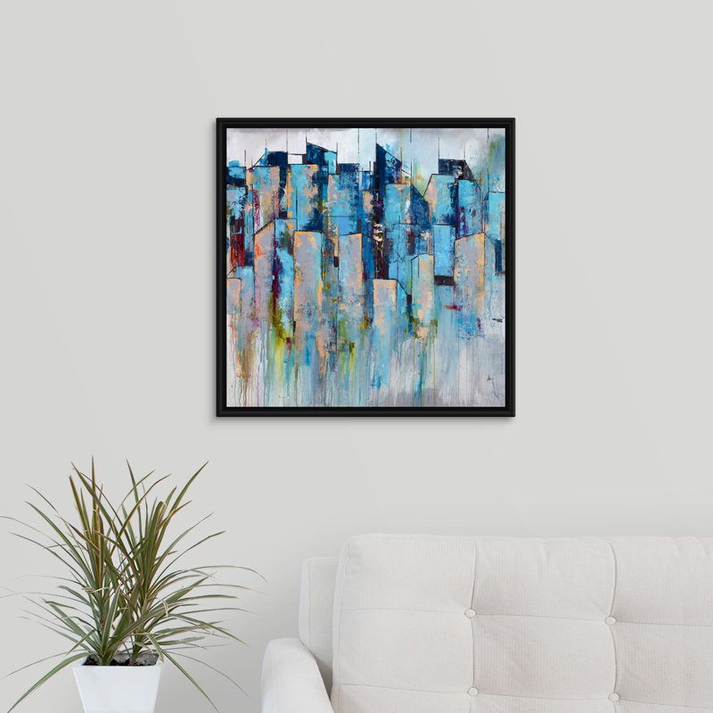 « centre-de-mémoire », peinture sur toile, H 31,7 po x l 31,7 po x p 1,75 po, Cadre flottant noir