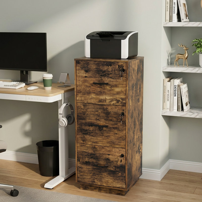 Wooden 3 Drawers File Cabinet With Lock 38.58"H, Brown