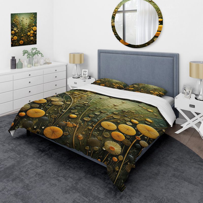 Ensemble de housse de couette vert et jaune à motif de plantes botaniques abstraites 2 - Tachisme