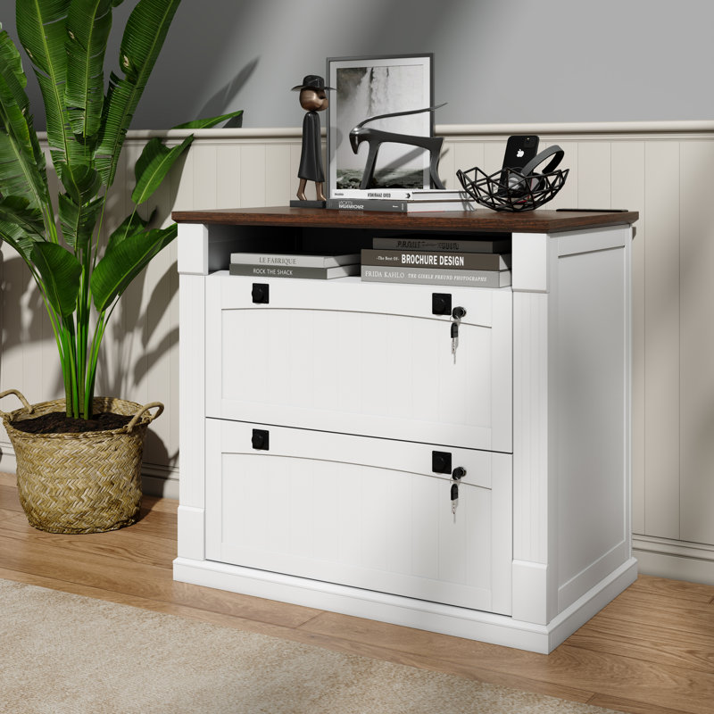 2 Drawer File Cabinet With Lock, 37'' Lateral Filing Cabinets For Home Office, Farmhouse End Table W/ Open Storage Shelves & Charging Station, Wood Printer Stand For Files/letter/legal/a4, White
