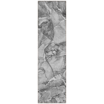 8' Runner Gray and Ivory Abstract Washable Non Skid Indoor Outdoor Runner Rug