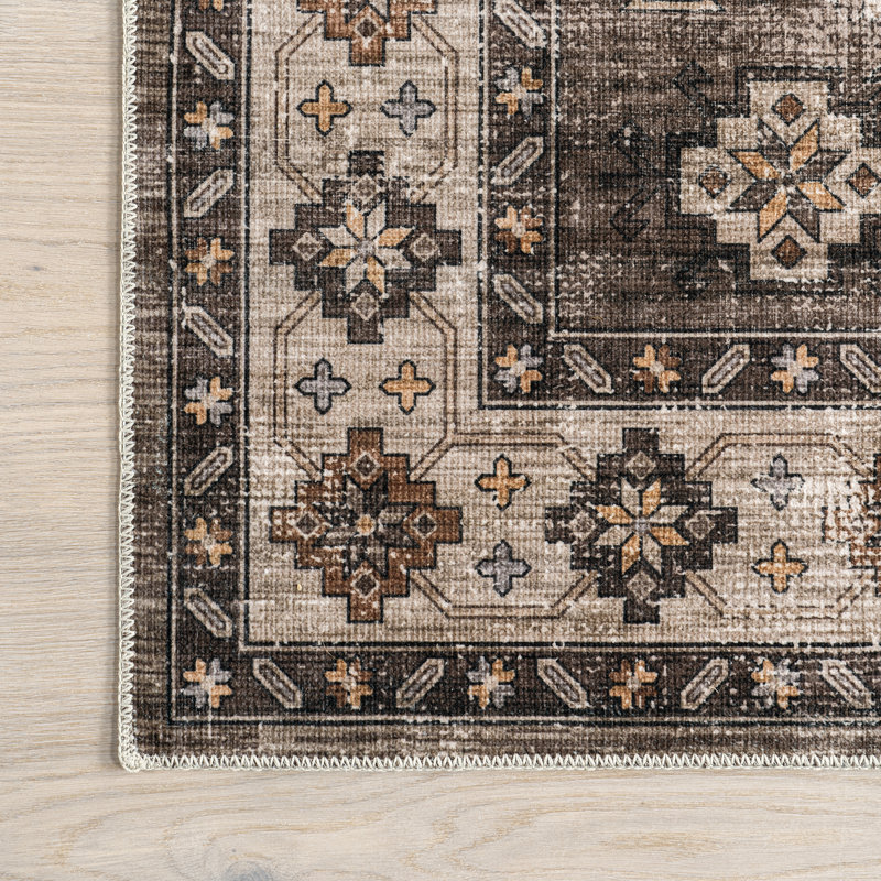 Dark Brown Geometric Synthetic Washable Accent Rug, 3' x 5'