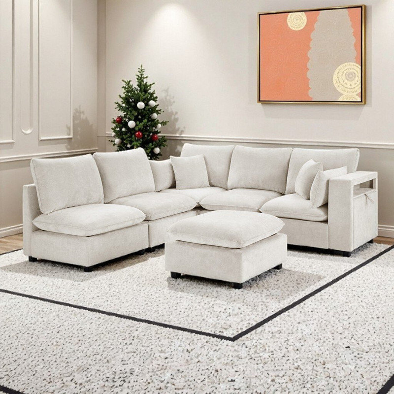 Canapé modulaire modulaire avec repose-pieds et ports USB Revêtement en chenille configurable en L ou en U, Beige