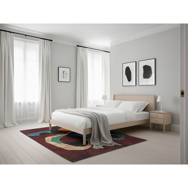 Tapis abstrait blanc / noir / bleu Monyea, Rectangle 5 pi x 7 pi