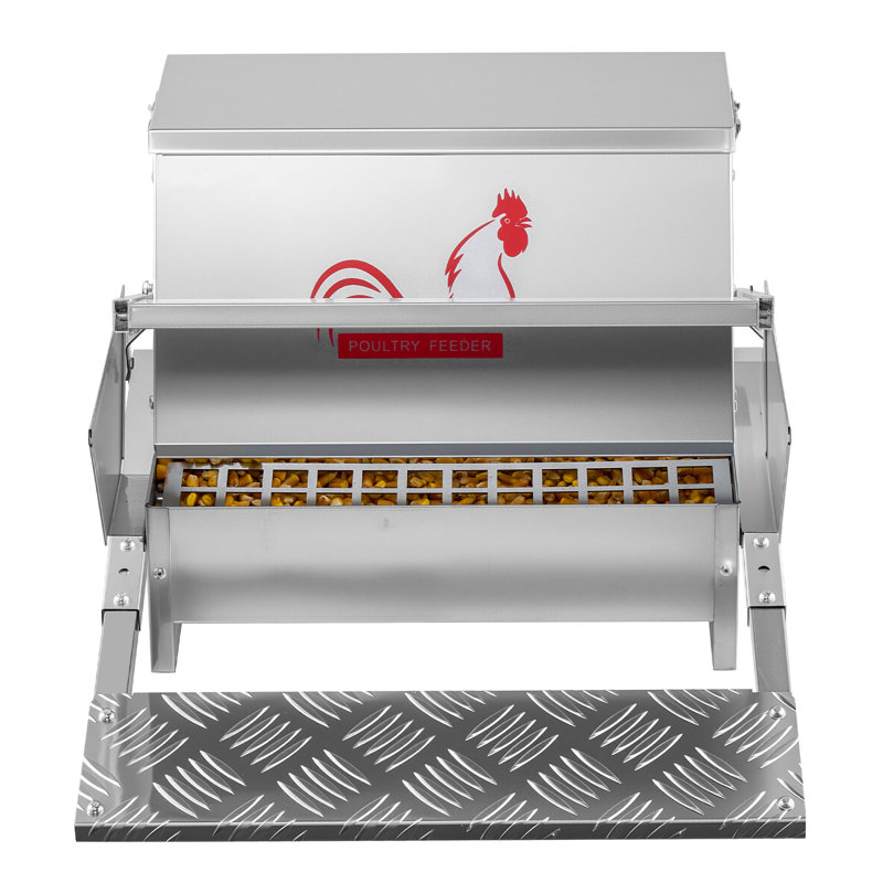 Mangeoire automatique pour poulets, capacité de 25 lb, mangeoire pour volaille à pédale imperméable avec couvercle verrouillable, sans déchets, fabrication en acier galvanisé, utilisation extérieure, pour poulet, bantam, volaille, faisans