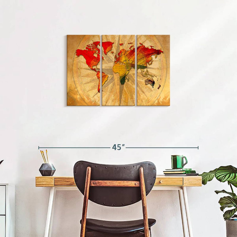 «World Map Old Compass World Map», reproduction sur toile 3 pièces par Tess P, H 20 po x l 33 po x P 1,25 po