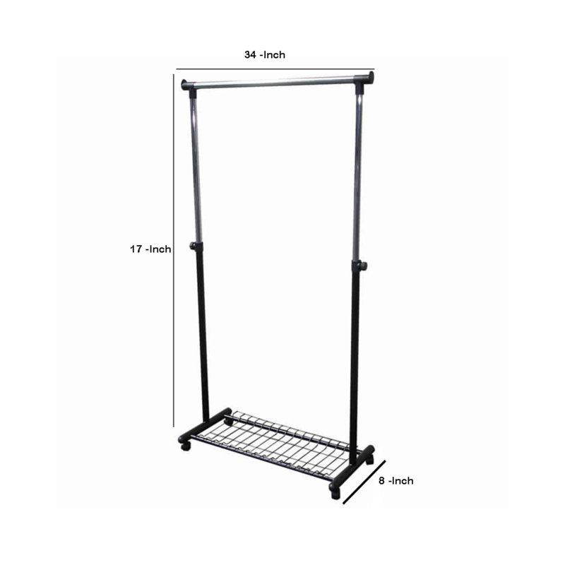 Huberman Metal Coat Hanger Rack With Bottom Wired Shelf, Black And Silver