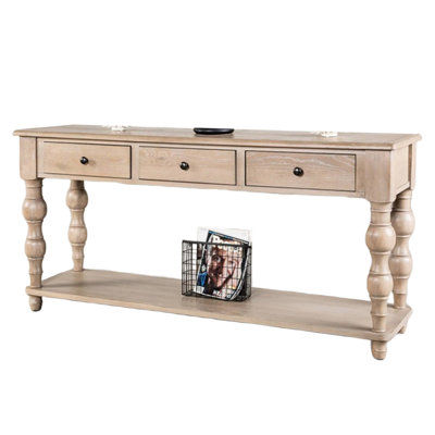 Cherie Sofa Table, 3 Drawers, Shelf, Light White Washed Wood, 64 Inch