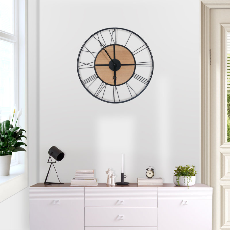 23.5" Oversized Modern Metal and Wood Round Decorative Wall Clock