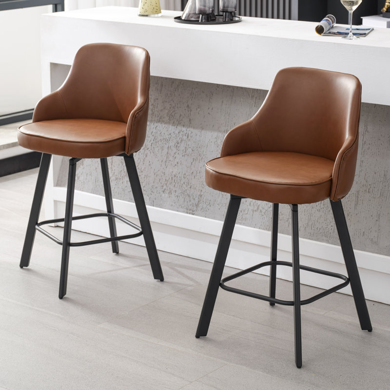 Tabouret de comptoir pivotant rembourré en cuir avec dossier haut (ensemble de 2), Brun, 2