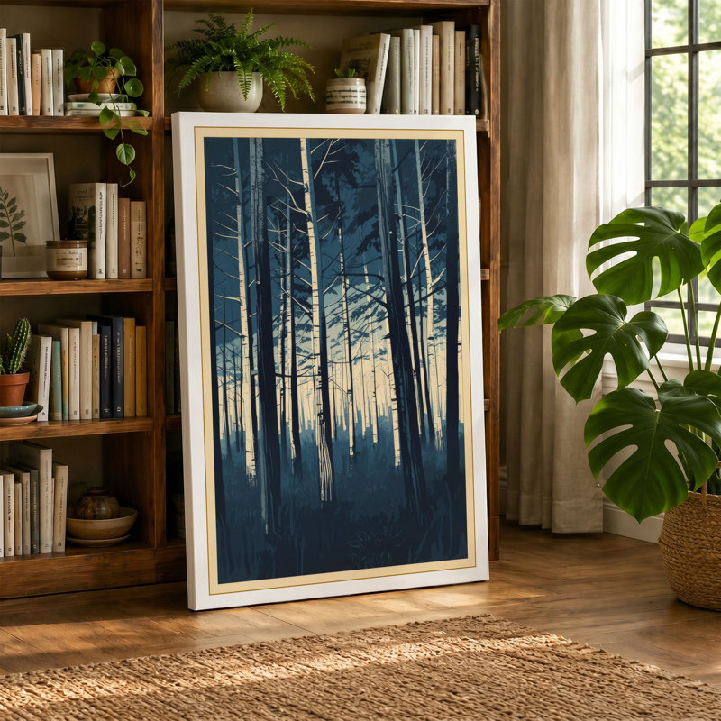 Quiet Northern Forest Japandi - Wrapped Canvas, 30x20 - 76.2 x 50.8 cm, Black Border