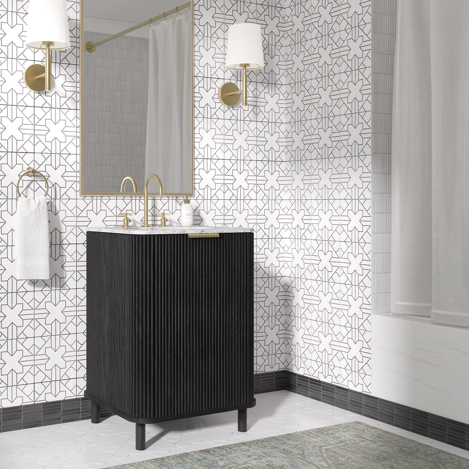 Nova 24" Carrara Marble Single Bathroom Vanity, Black Reeded