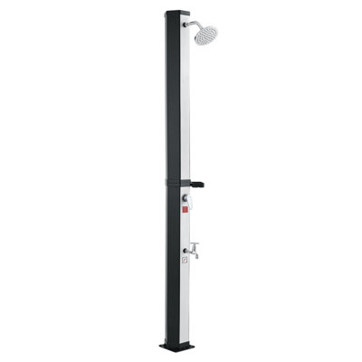 9.2 Gal Solar Heated Shower, 6.4ft Showerhead Height Outdoor Shower, with Foot Faucet & Soap Box Rack, Hot & Cold Water Adjustment, Freestanding for Backyard Poolside Beach Pool,Black Silver