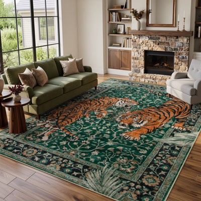 Goldene Vintage Tiger Deep Green Washable Area Rug - Soft Cashmere Carpet for Living Room, Bedroom, or Office