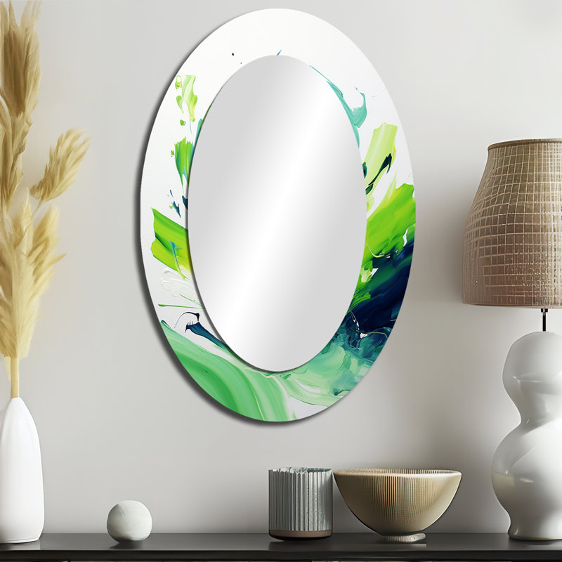 Miroir mural blanc et vert à motif abstrait d'encre II, 36 po x 24 po