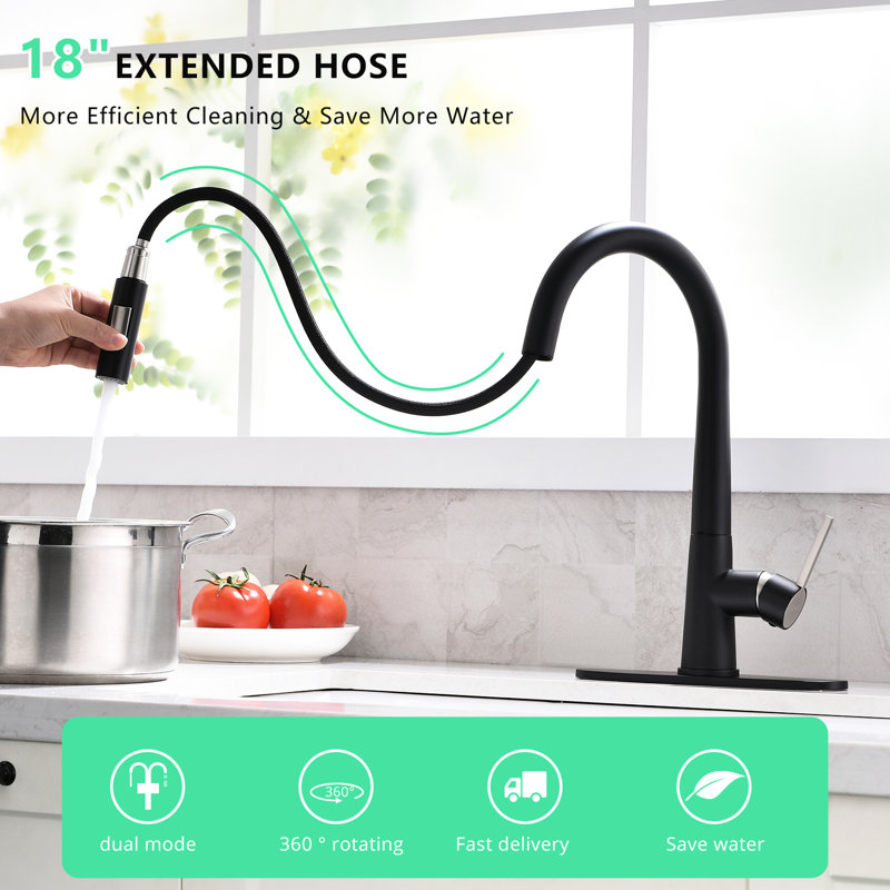 Black Single Handle Pull Out Kitchen Faucet, Contemporary, Ceramic Filler, Brass, With Deck Plate Faucet Out, Contemporary Style, Brass Material,