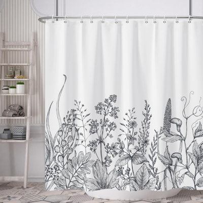 Pack of 1 Black and White Floral Minimalist Fabric Bath Curtain with Hooks