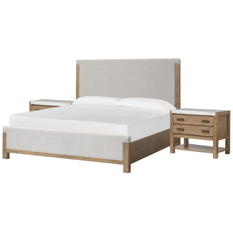 Très grand lit à panneau tapissier Wilmot avec 2 tables de chevet ouvertes, 3 Pcs: Bed, 2 Nightstands, Très grand