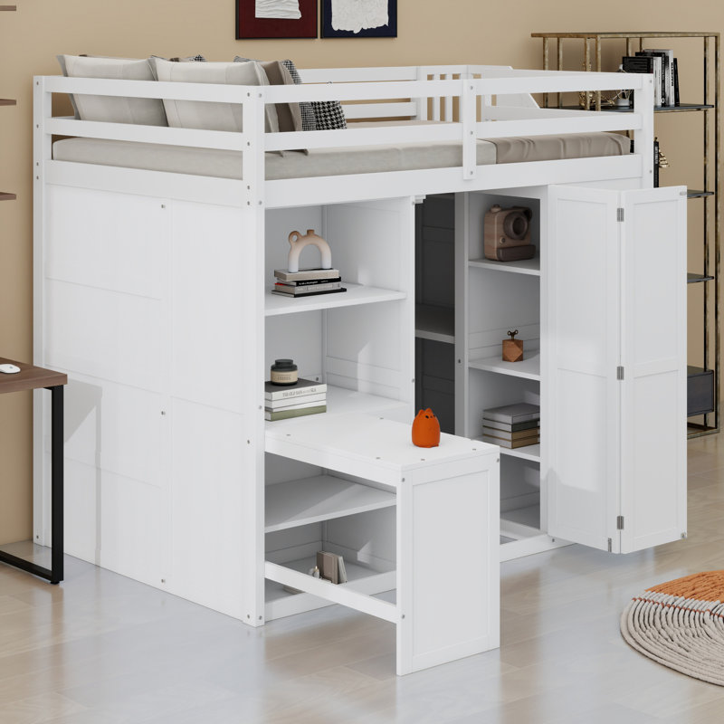 Lit mezzanine peu encombrant avec garde-robe, bureau et tablettes, Blanc