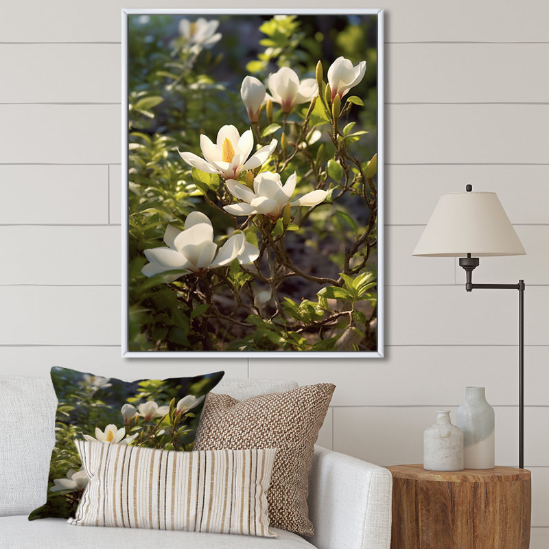 «White Green Magnolias Nature Serenity» sur impression sur toile, 44" H x 34" W, Cadre flottant blanc