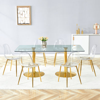 Ensemble de table de salle à manger 71 ", ensemble de table de salle à manger moderne avec plateau en verre et base ronde en or