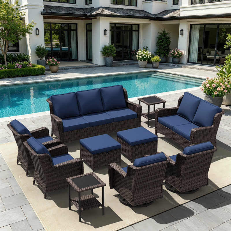 11-Person Outdoor Patio Conversation Rattan Seating Group With Blue Cushions, Blue