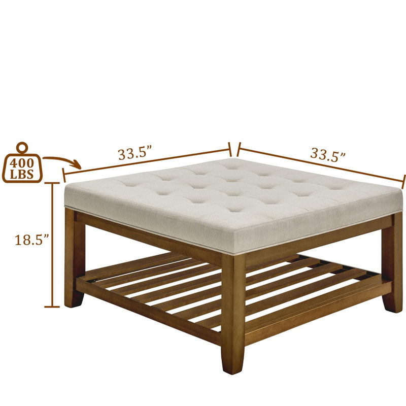 Upholstered coffee table ottoman | tufted linen | beech wood shelf & frame | large square footrest | ivory | versatile
