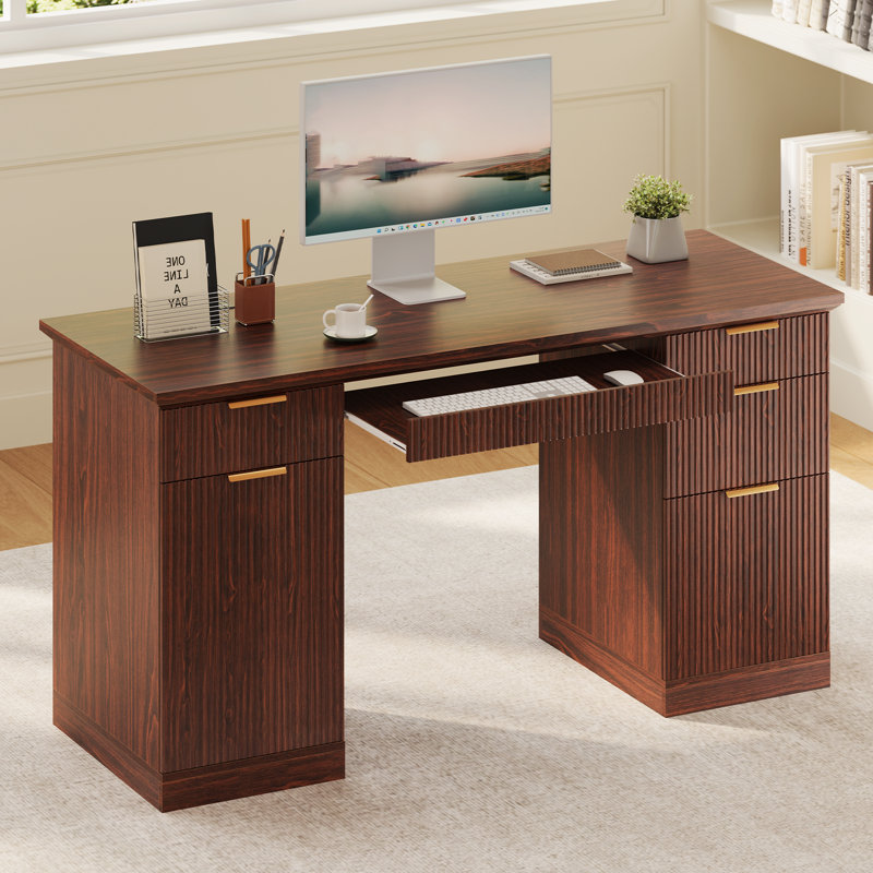 Bureau cannelé moderne avec rangement Ato, Noyer brun