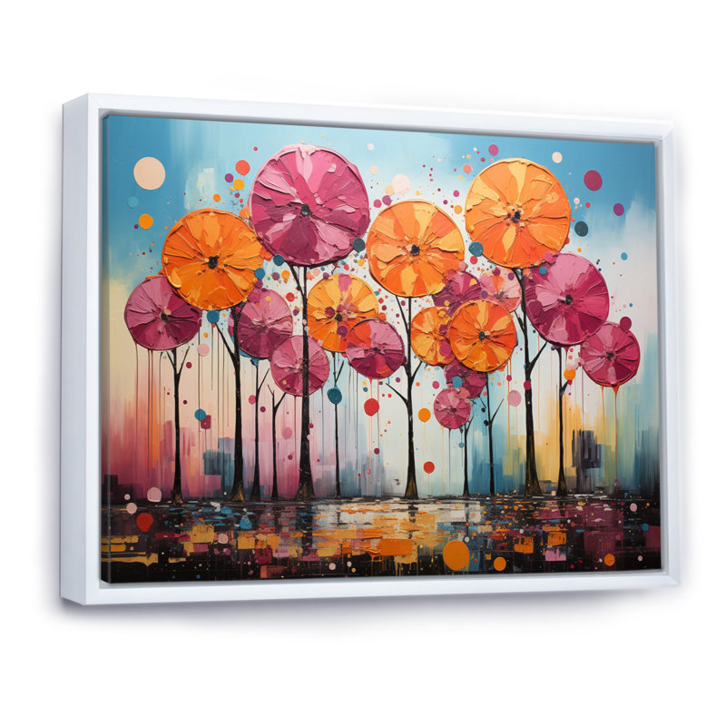 Palmiers orange et roses abstraits IV - impression, H 12 po x l 20 po x P 1 po, Cadre flottant blanc