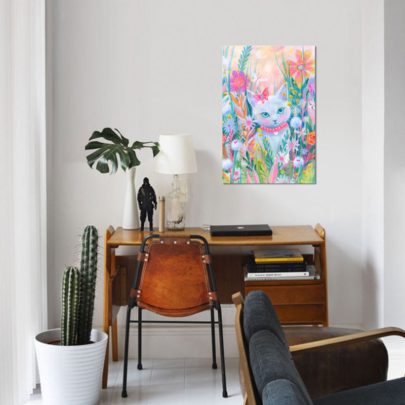 « jardin kitty », peinture sur toile tendue, H 40 po x l 26 po x P 1,5 po, Pas de tapis, Toile tendue