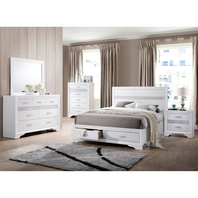 2 très grand lit plateforme avec rayures scintillantes, base à lattes de rangement en bois blanc et 2 tiroirs avec poignées en strass, Grandeur de chambre à coucher