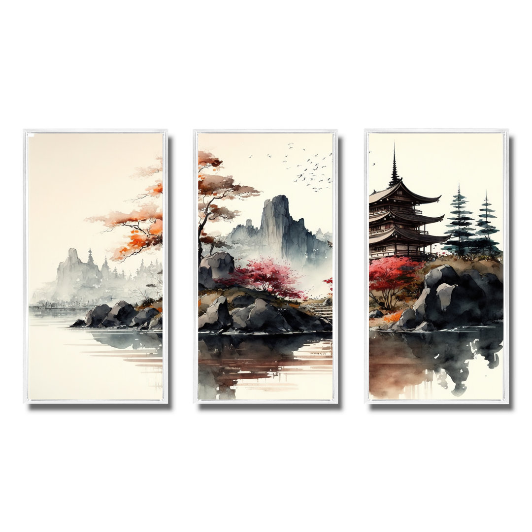 " Watercolor Japenese Landscape I " 3 - Pieces Union Rustic