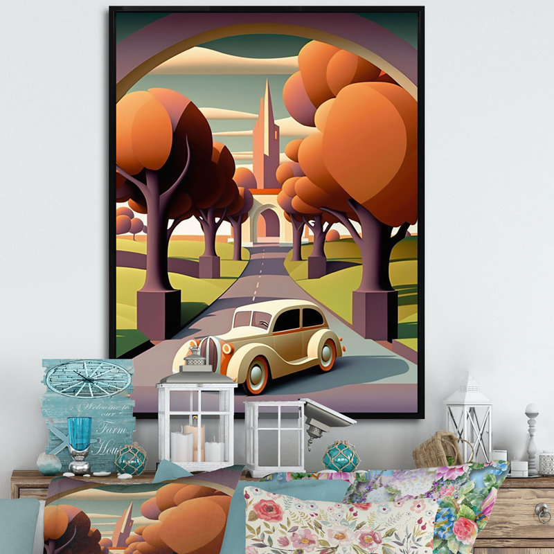 «Fancy Retro Car In Abstract Autumn Landscape», reproduction sur toile, H 32 po x l 24 po x P 1 po, Cadre flottant noir