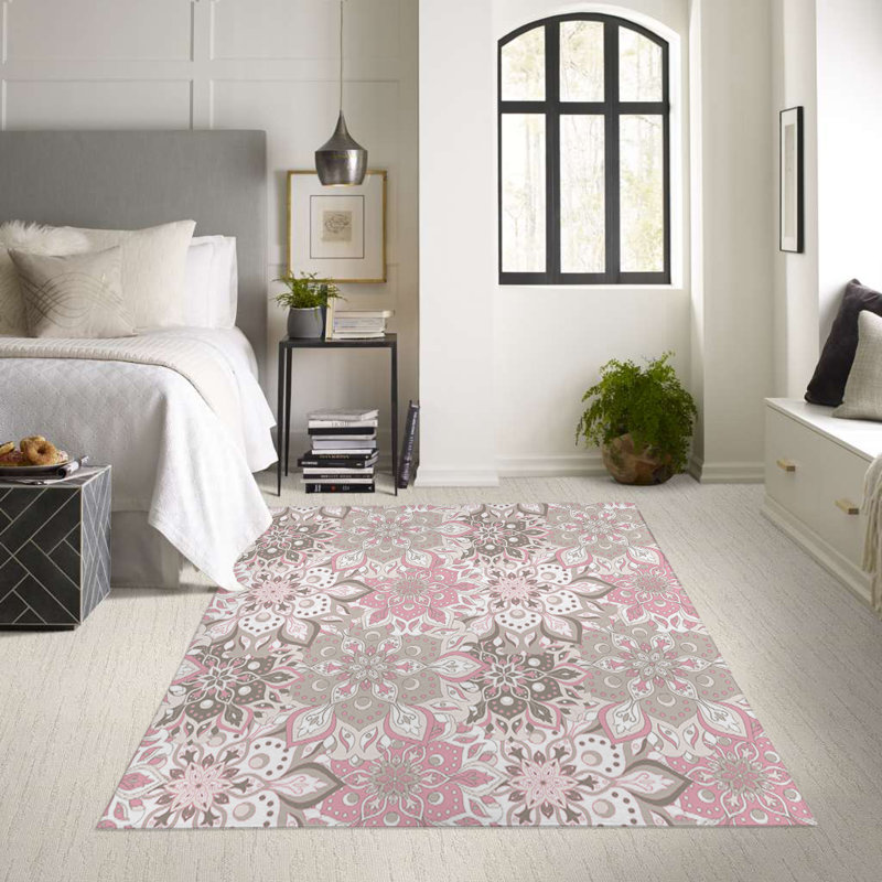 Tapis brun / rose en polyester tissé à la machine, Rectangle 2 pi x 3 pi