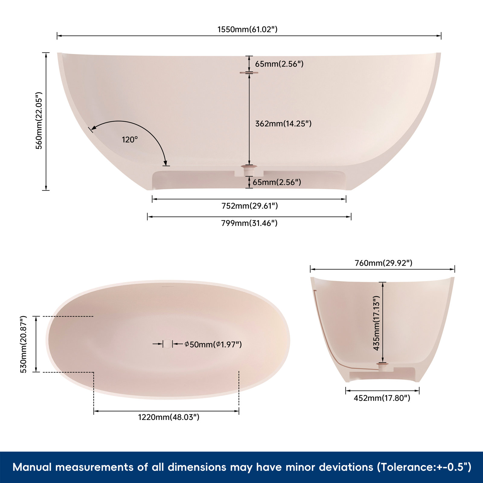 Forma 61'' Freestanding Tub Solid Surface Stone Resin Free Standing Soaking Bathtub, Pink Sand