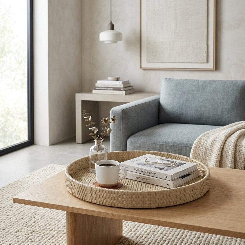 Tamsin Weave Pattern Round Serving Tray, Beige