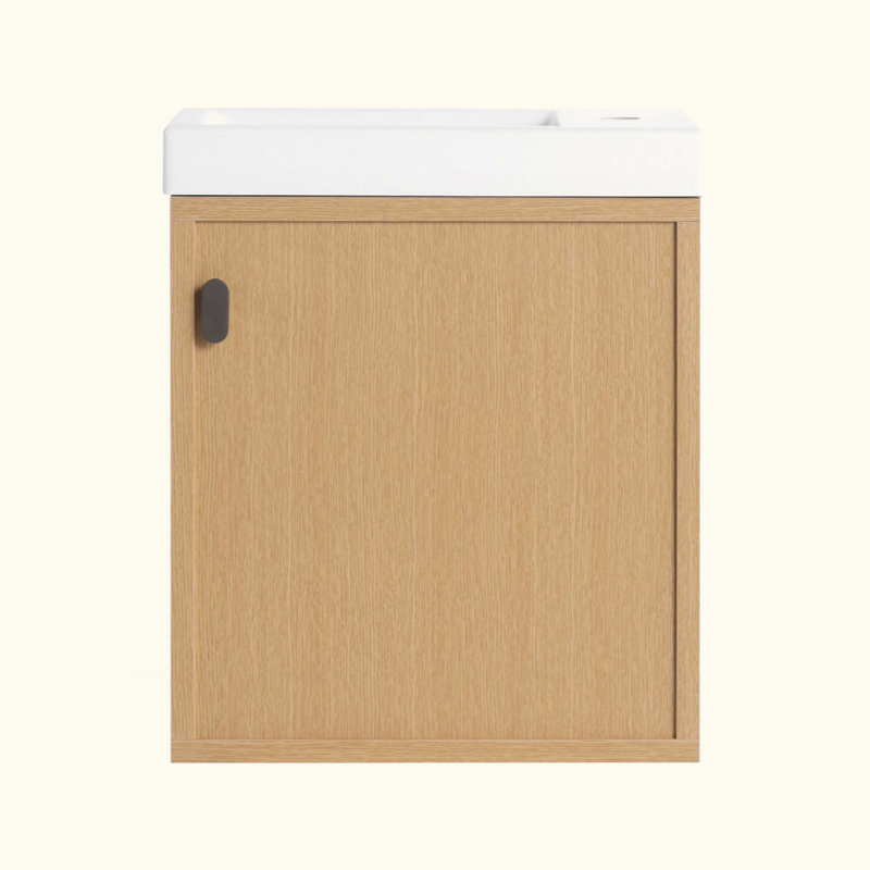 Meuble-lavabo mural avec lavabo en résine, porte simple à fermeture douce, panneau de fibres à densité moyenne, Bois naturel