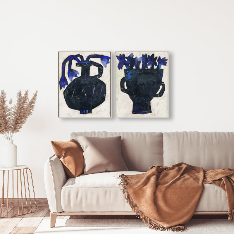 Indigo Vases Set Set by Oliver Gal, 42"H x 34"W, Silver Floater Frame