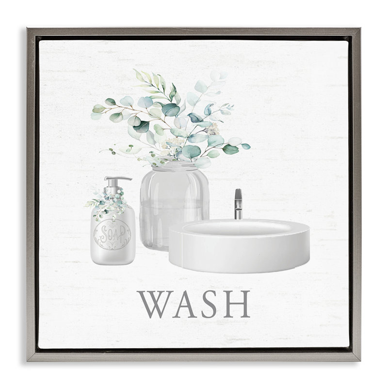 "Fresh Bathroom Sink Botanicals", art mural encadré sur toile flottante, H 18 po x l 18 po, Cadre flottant gris lustré