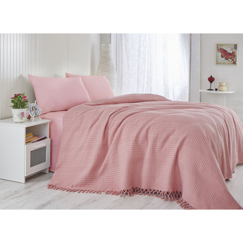Couvre-lit double fait à la main, couleur corail, 86,6 po x 94,5 po | 100% coton, 340 g / m², 96 fils au pouce carré | Non élastique, lavable à la machine à 30 ° C | Conception élégante à franges pour un décor de chambre à coucher confortable