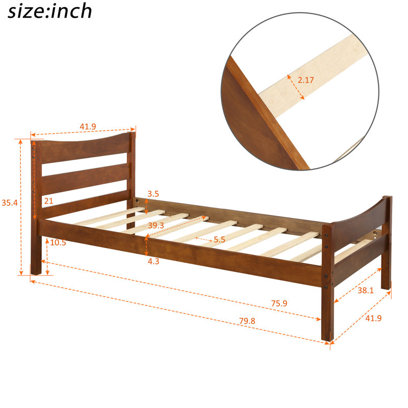 Lit simple en noyer avec tête de lit et tête de lit à lattes en bois massif