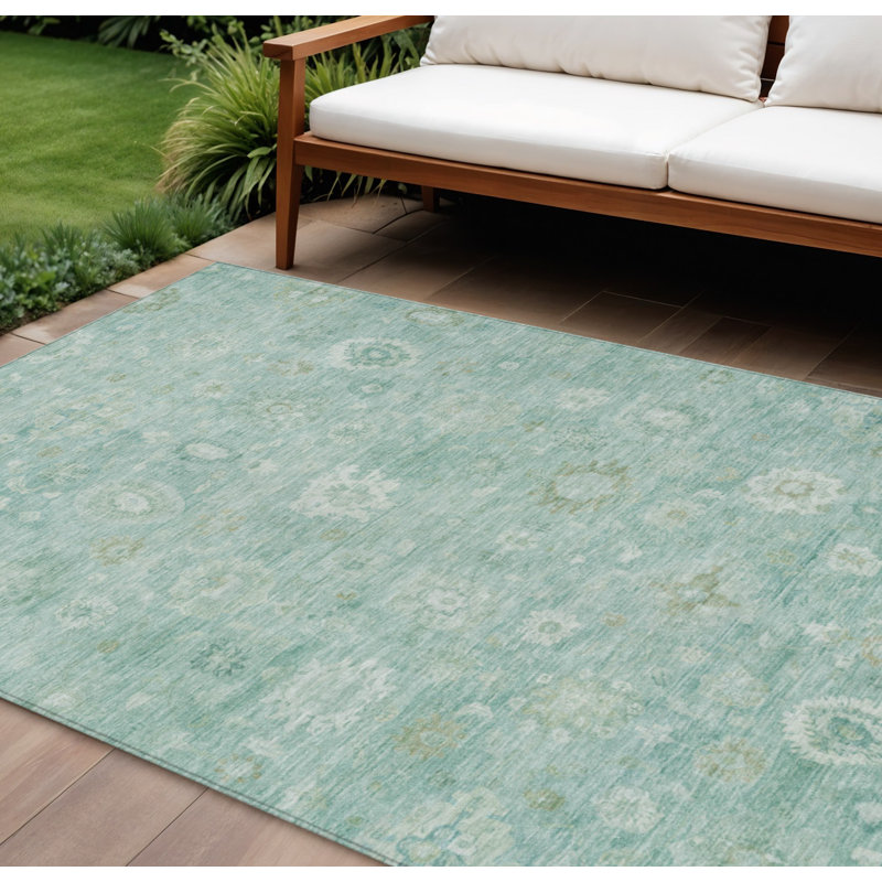 Tapis damassé lavable bleu sarcelle, ivoire et beige, 3 m x 4,25 m, pour intérieur et extérieur