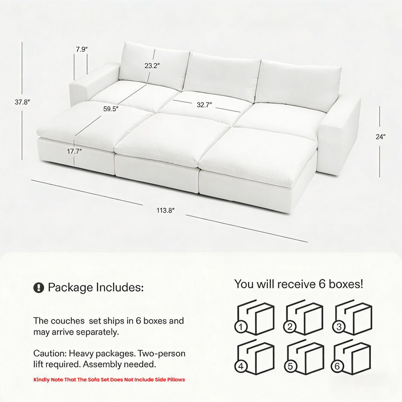113.8" Cloud Sectional Couches With Deep Seat,3-Seat Sofa With 3 Storage Ottoman Or Living Room